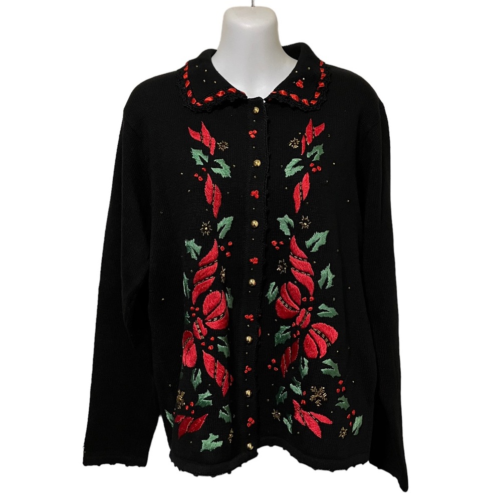 Vintage Arriviste Embroidered Holly Christmas Holiday Cardigan Sweater